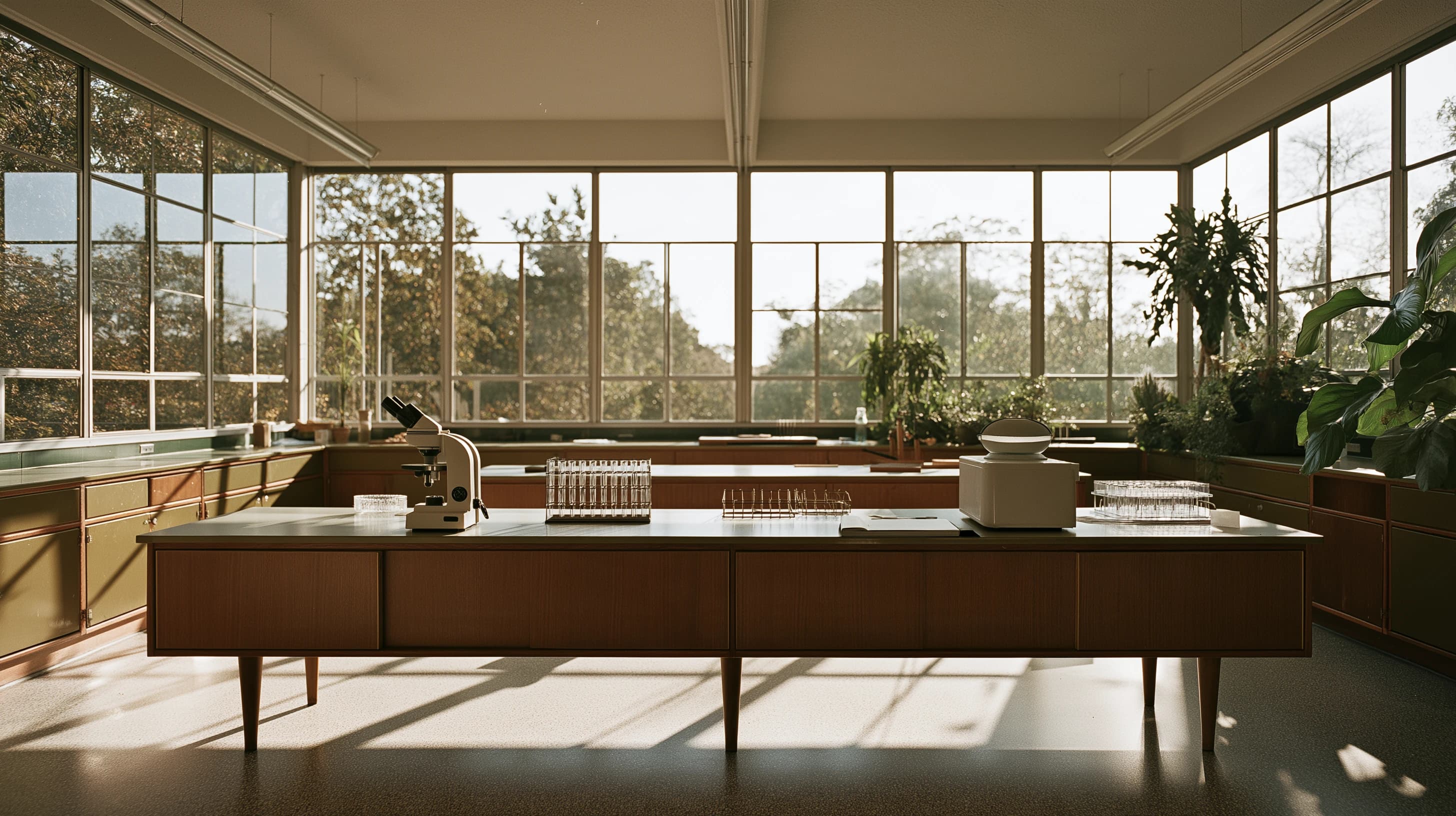 Sunlit mid-century laboratory with teak workbench