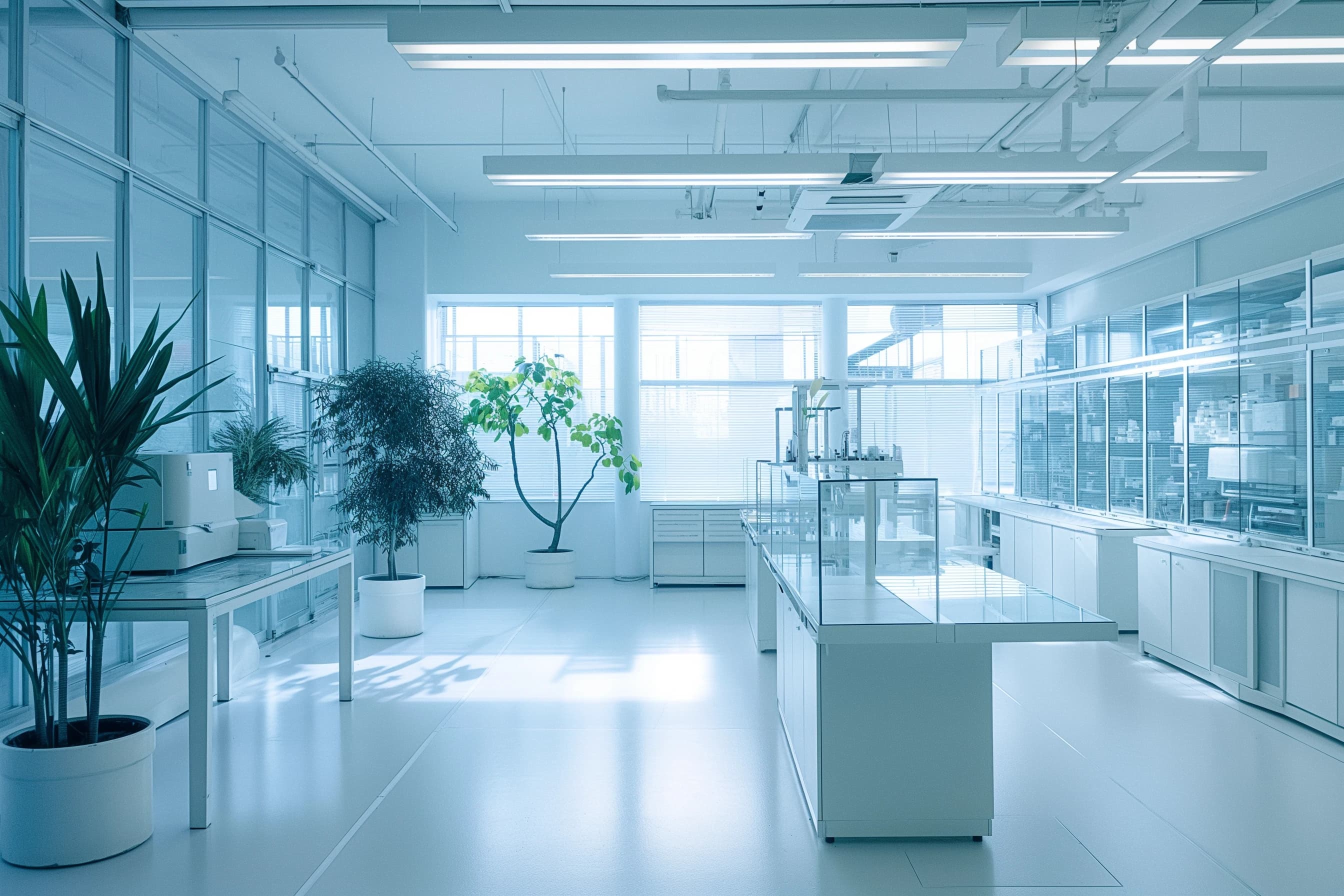 Bright clinical white laboratory with potted trees