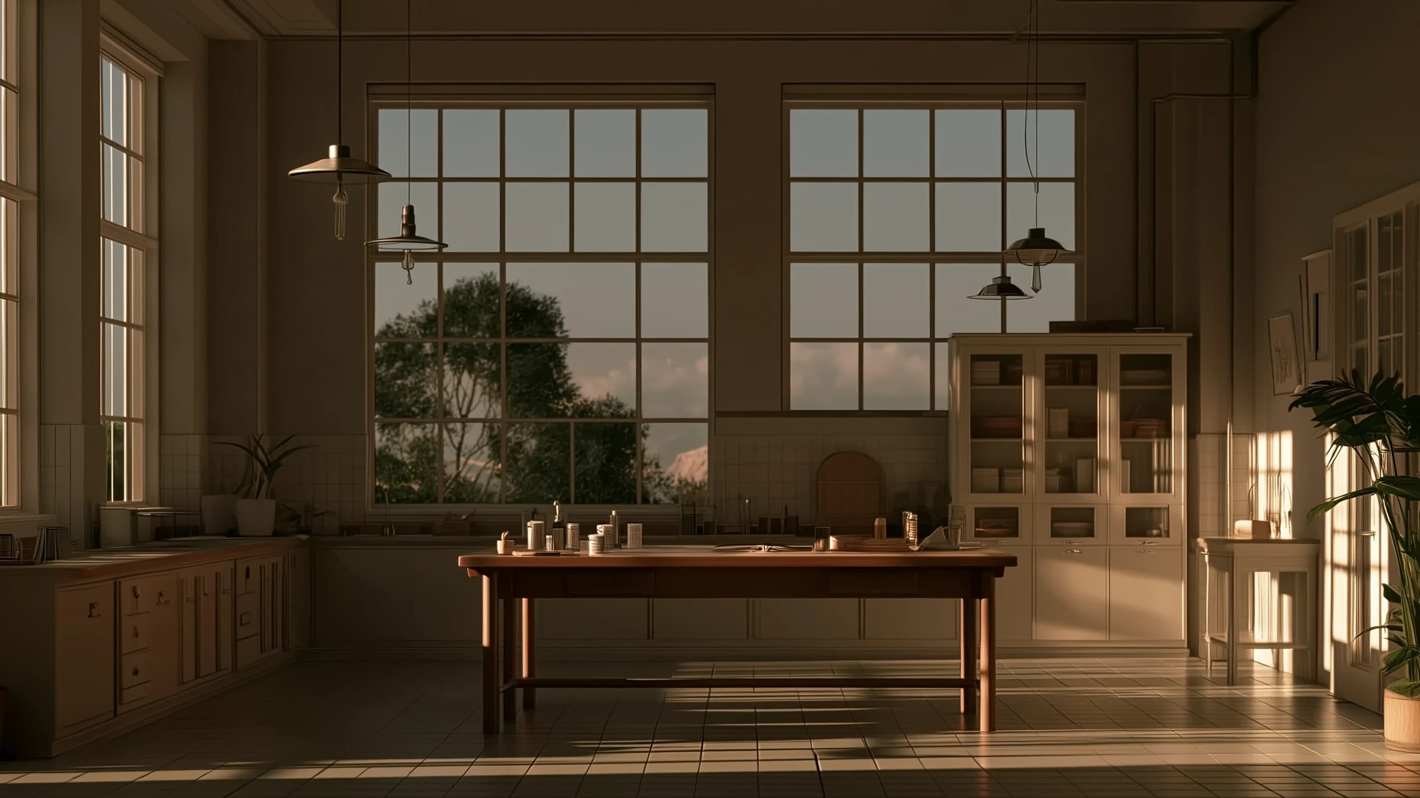 Sunlit vintage laboratory with a central wooden workbench