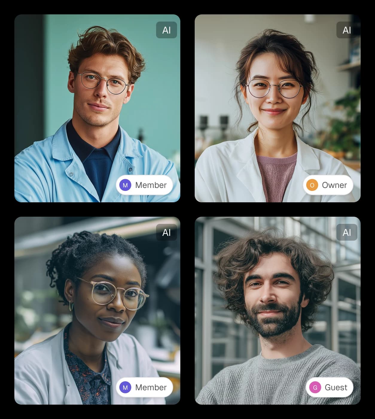 Four team members with their roles: member, owner, member, guest