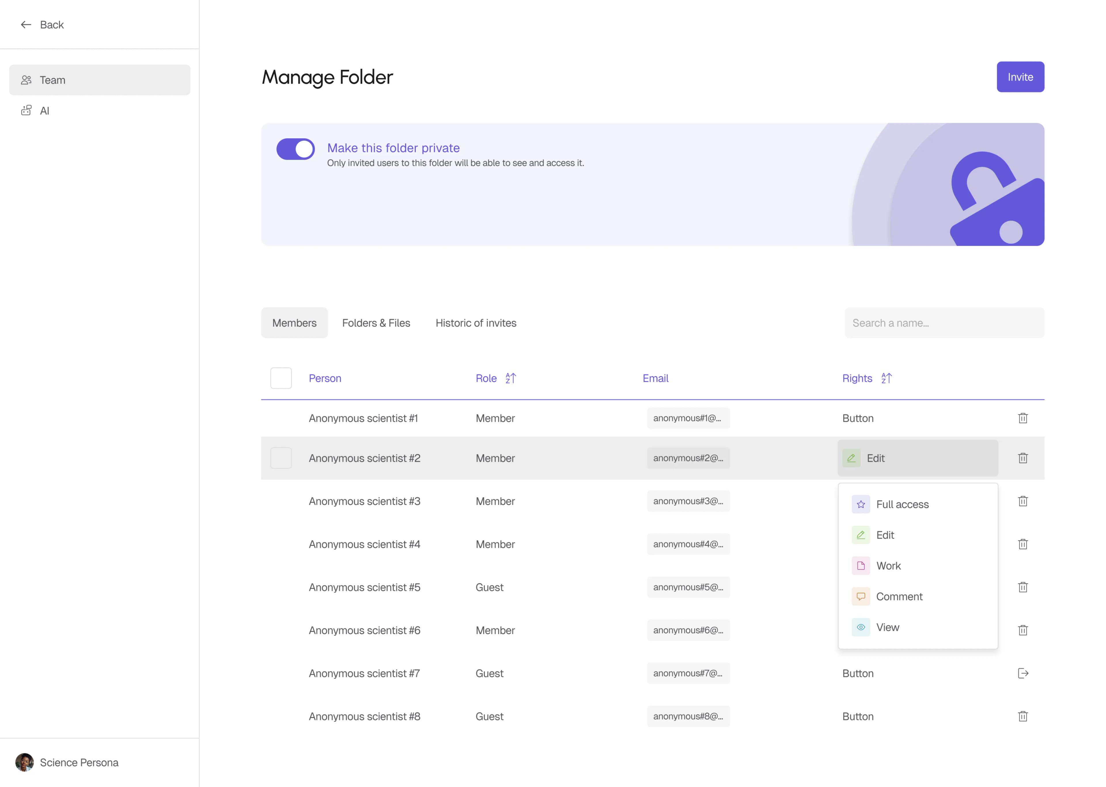 Folder access management panel