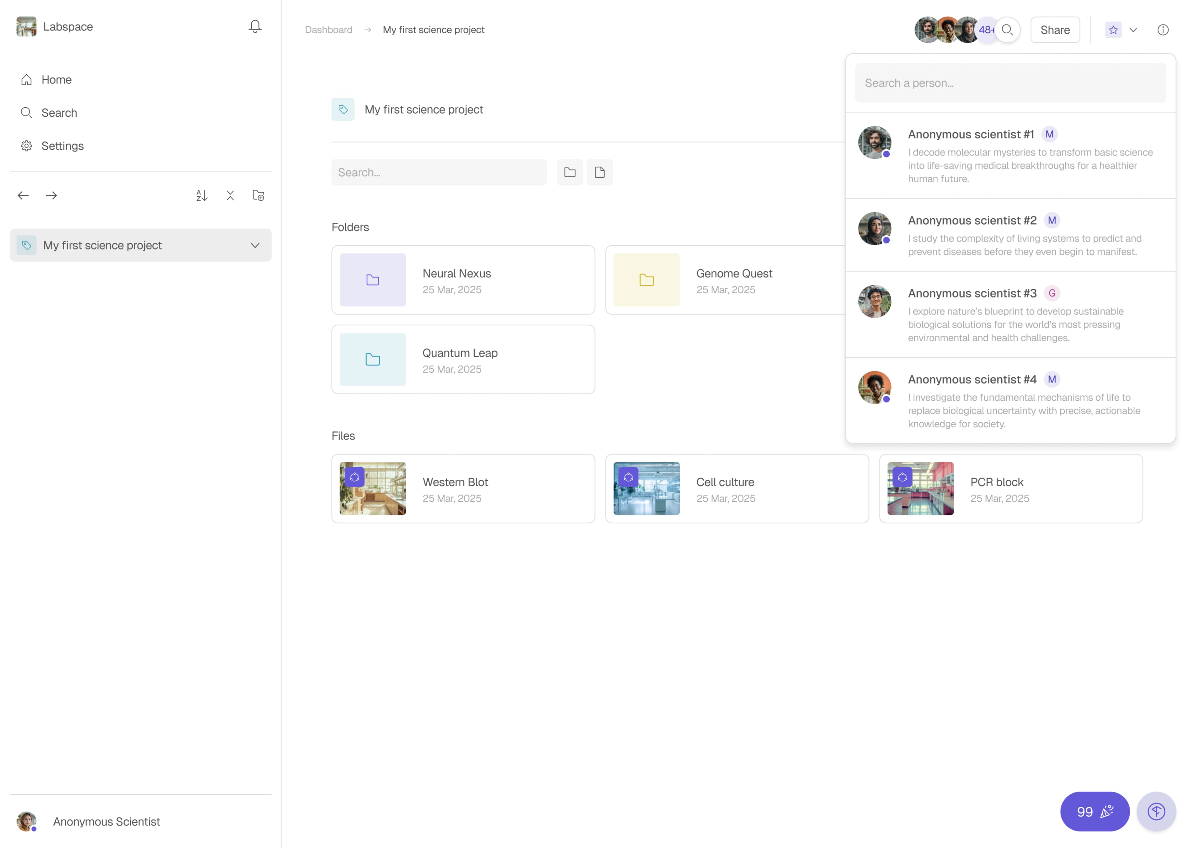 Labspace: the folders and files of a science project, with the team panel open.
